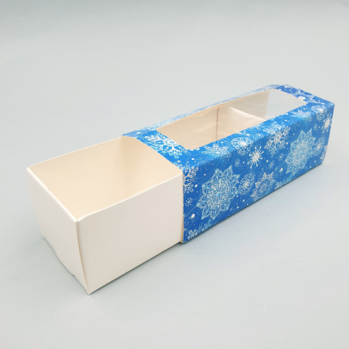 Коробка для макарун с окошком Синий снег 5.5х14х4.5 см