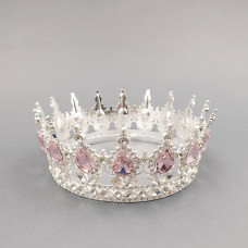 Корона для торта Серебряная с розовыми камнями 12.5 см
